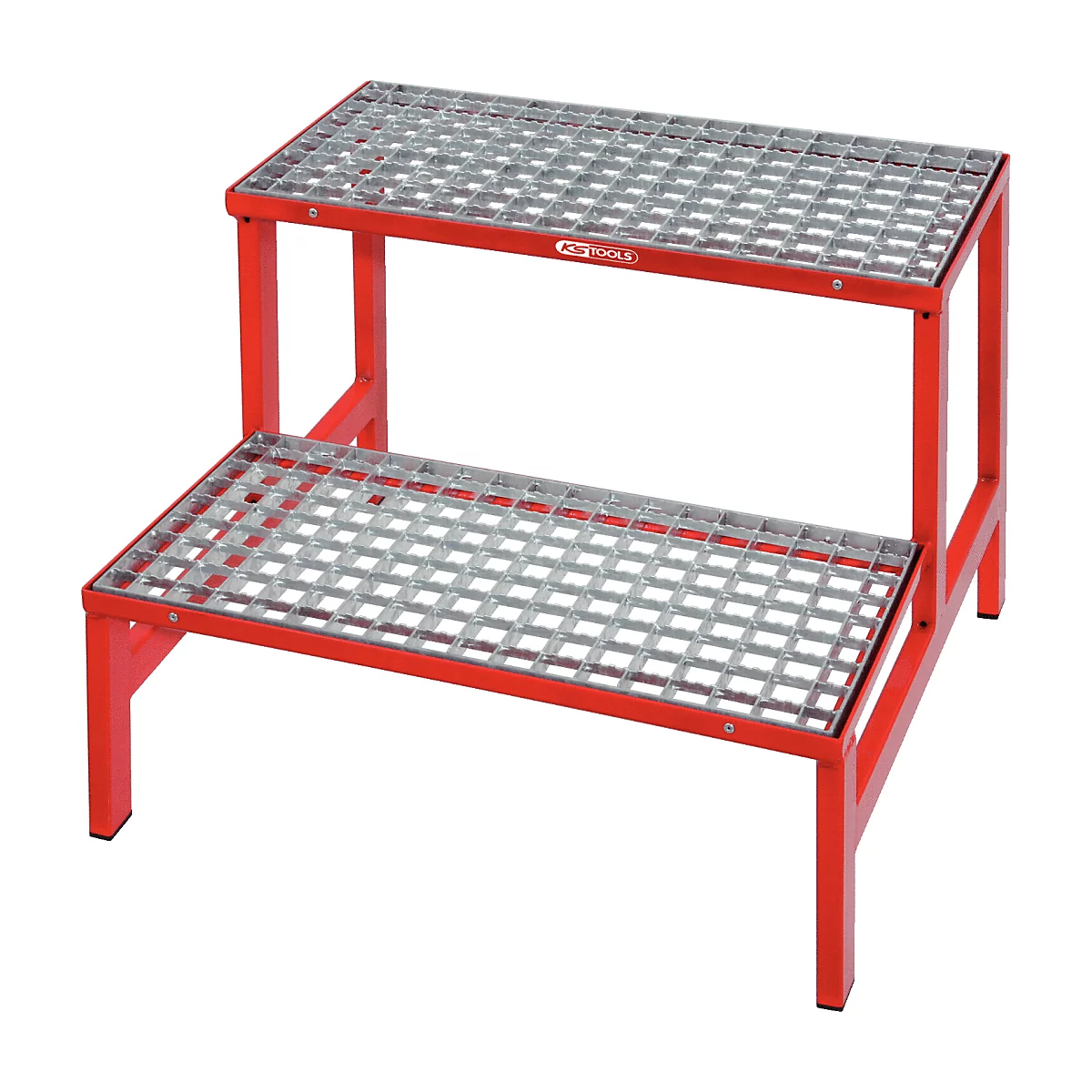 Rote, zweistufige Arbeitsbühne mit Metallgitter, KS TOOLS Logo.